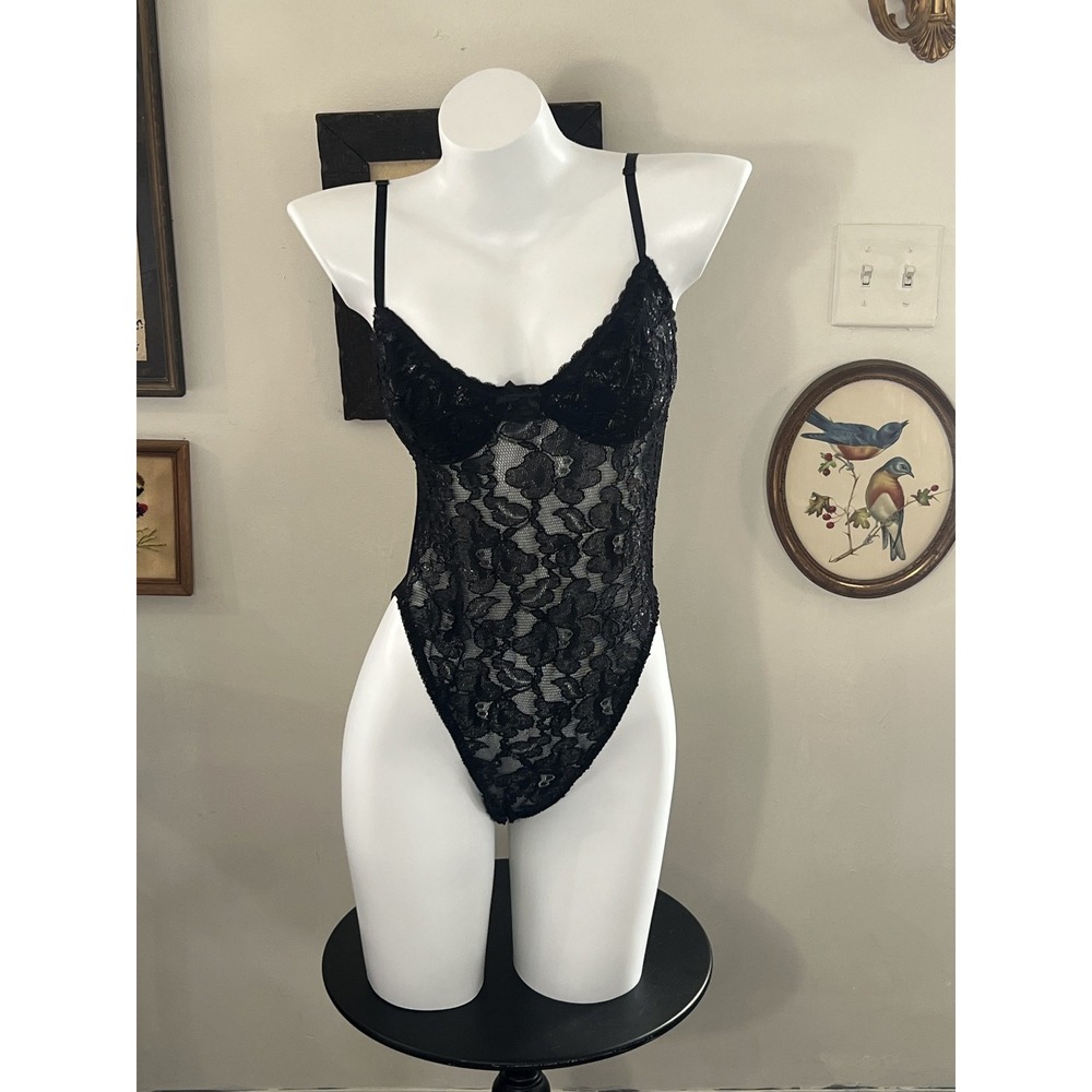 Je T'adore Black Lace Bodysuit High Cut Women's Size L